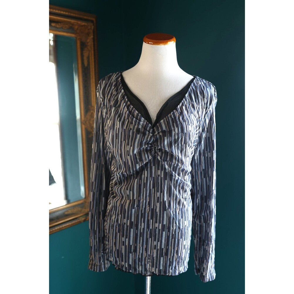 Merona Y2K Long Sleeve Blue Pullover Mesh Babydoll V Neck Geometric Top Size 2X